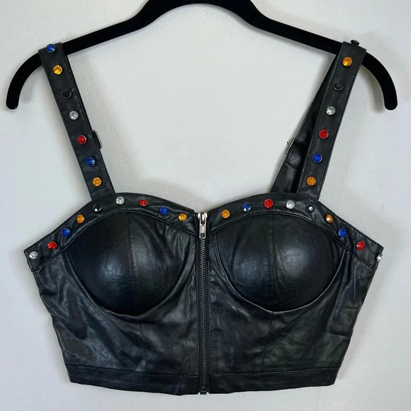 Forever 21 Exclusive Women's Faux Leather Studded Gemstone Bralette Black  Small - Picture 1 of 7